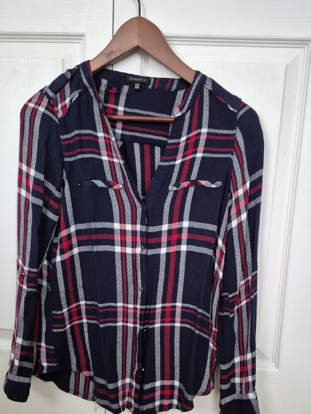 Dynamite Navy Plaid Button-Down Shirt with Red & White Stripes